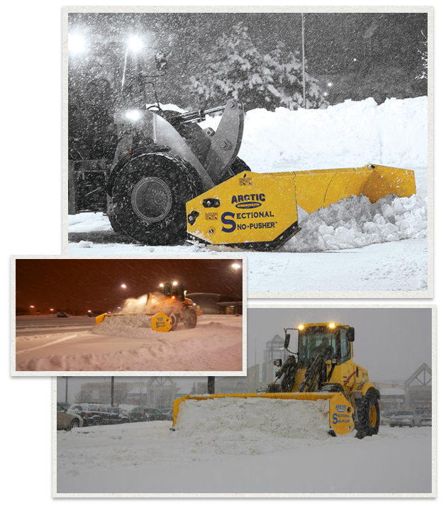 three separate images of Arctic Sectional Sno-Pusher being used